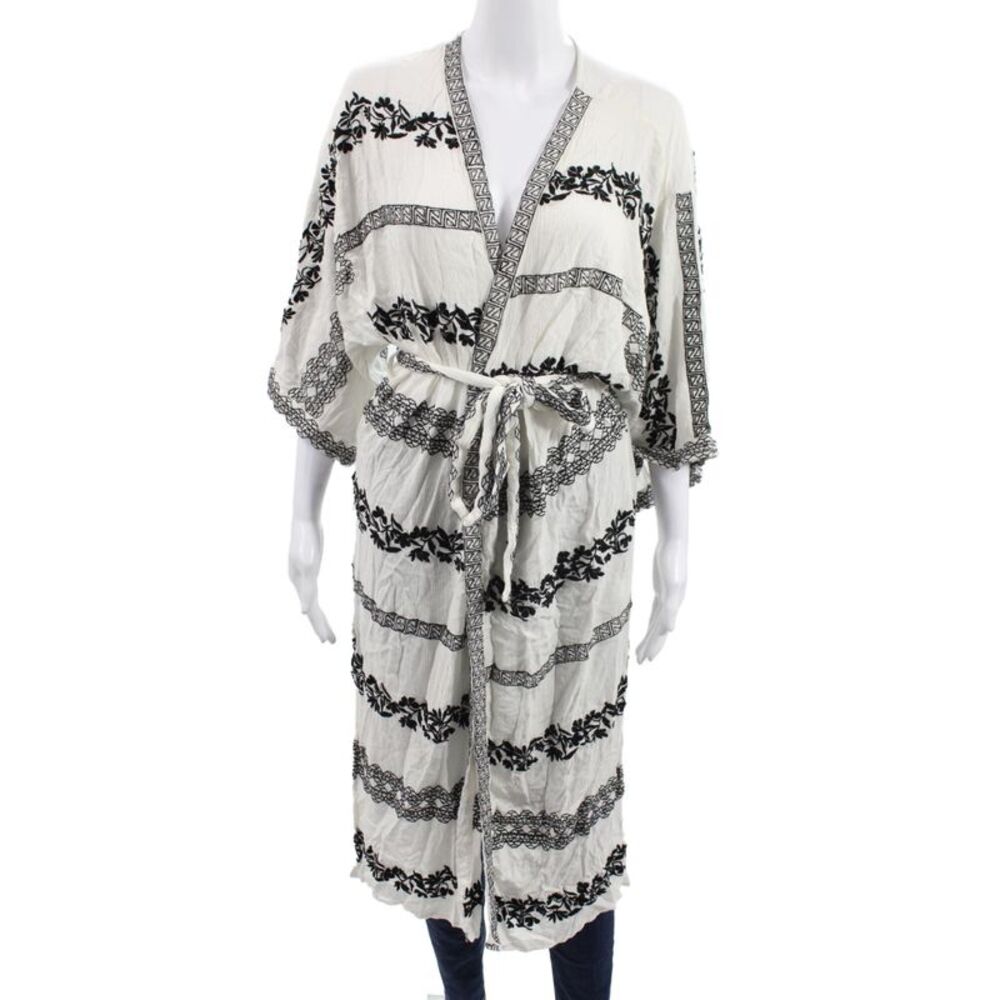 Hale Bob Women Kimono Floral V-Neck Tie Front Viscose 3/4 Sleeve White Size M